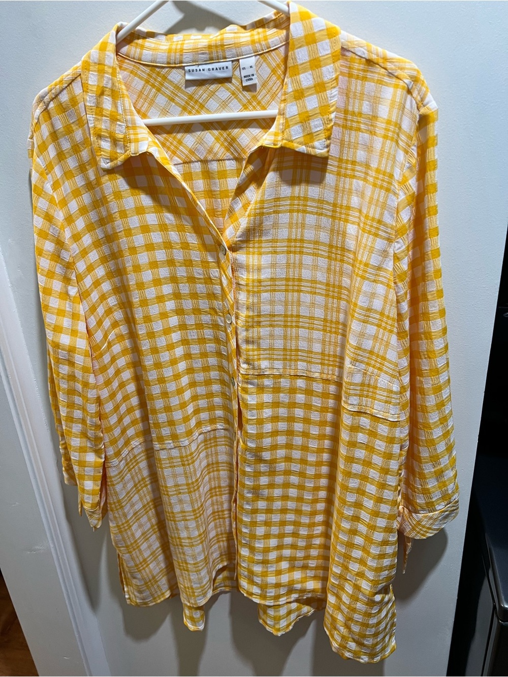 Susan Graver Yellow & White Checked Button-Down Shirt.